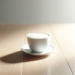 Minimalist White Mug on Saucer Illuminated by Soft Morning Light on Wooden Tabletop