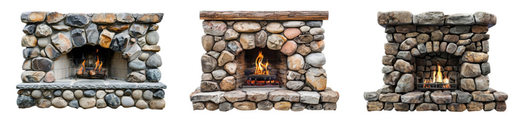 Stone fireplace with fire, different versions, transparent or white background, 3d rendering