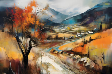 melancholic valley near cottage. abstract landscape art, painting background, wallpaper