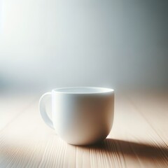 Minimalist White Ceramic Mug on Wooden Table Illuminated by Soft Morning Light