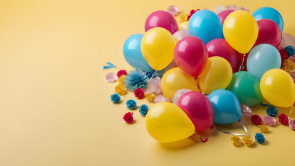Colorful balloons and flowers on yellow background, copy space for text