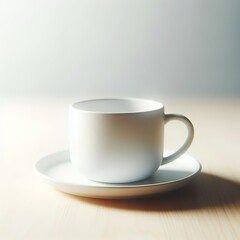Minimalist White Mug on Saucer Illuminated by Soft Morning Light on Wooden Tabletop