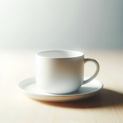 Fototapeta premium Minimalist White Mug on Saucer Illuminated by Soft Morning Light on Wooden Tabletop