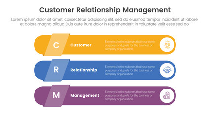 CRM customer relationship management infographic 3 point stage template with long round rectangle shape stack for slide presentation