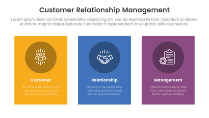 CRM customer relationship management infographic 3 point stage template with vertical rectangle big box for slide presentation
