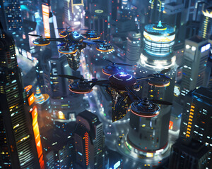 Revolutionize the visual storytelling of a futuristic city with hovering drones