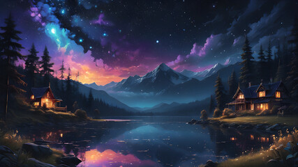 Glowing Midnight Sky, Enchanting Beauty in a Scenic Landscape
