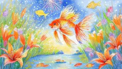 綺麗な金魚と花火、美しい百合と共に夏の香りを届ける透き通るような色彩豊かなシルエットを大まかに、シンプルに色鉛筆で描く generated by AI