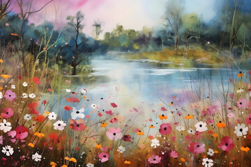 hopeful river amid wildflowers. abstract landscape art, painting background, wallpaper