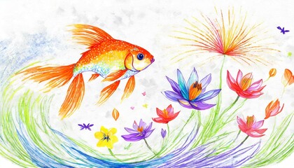 Naklejka premium 綺麗な金魚と花火、美しい百合と共に夏の香りを届ける透き通るような色彩豊かなシルエットを大まかに、シンプルに色鉛筆で描く generated by AI