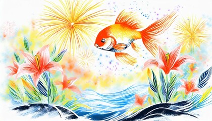 Fototapeta premium 綺麗な金魚と花火、美しい百合と共に夏の香りを届ける透き通るような色彩豊かなシルエットを大まかに、シンプルに色鉛筆で描く generated by AI