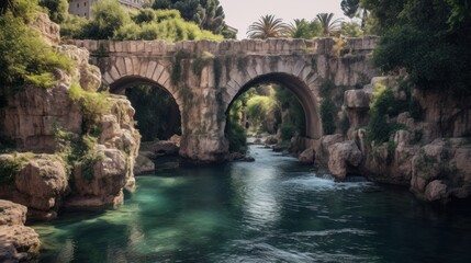 Obraz premium View of the ancient stone bridge over the River.AI generated image