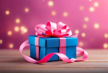 A blue gift box with a pink ribbon and sparkling background