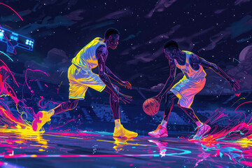 Men playing basketball, competing in the Olympics, Y2Kera style drawing, retrofuturistic style