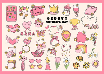 Retro Groovy Mothers Day icon elements Doodle Drawing Vibrant Pastel Color collection