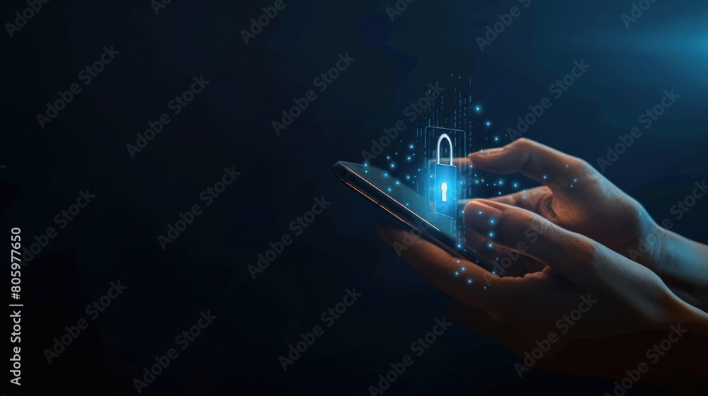 Poster smart phone with padlock hologram ,cyber security concept. security data