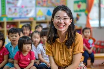 Kids Preschool. Young Asian Woman Teacher Engaging Children in Kindergarten Classroom Education