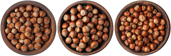 set of hazelnuts filberts in brown wooden bowl, cut out