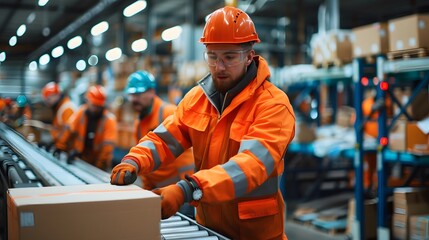 A warehouse worker in orange protective gear examines, packing a box on a conveyor belt. Several other workers are in the background, also checking with boxes