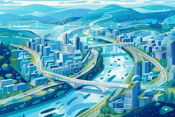 Naklejka premium City layout with river and bridge. Architectural venture. Artwork for cover, card, postcard, interior design, banner, poster, brochure, or presentation