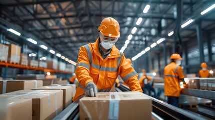 A warehouse worker in orange protective gear examines, packing a box on a conveyor belt. Several other workers are in the background, also checking with boxes