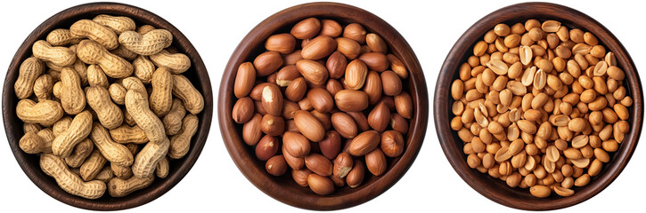 set of peanuts in brown wooden bowl, cut out