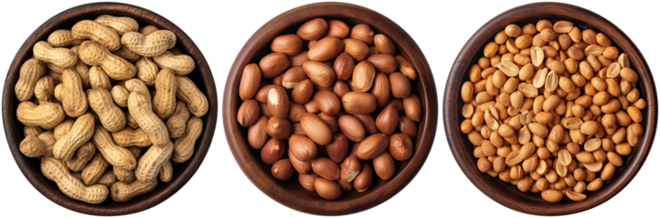 set of peanuts in brown wooden bowl, cut out