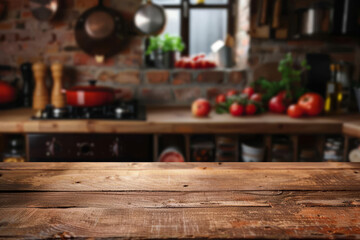 Wooden table top with blurred kitchenware in background - product photography with kitchen setting as backdrop