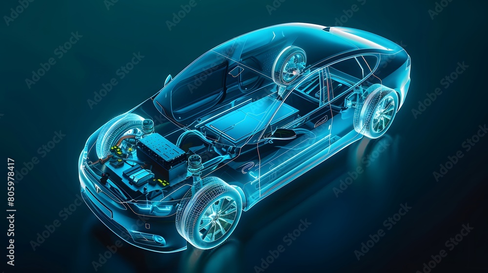 Wall mural an electric car in blue x-ray with the battery exposed