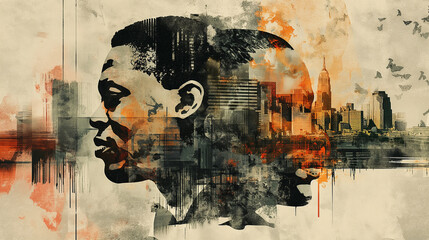 A contemporary Black History Month grunge design infused with urban flair, featuring bold geometric...