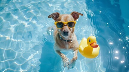 A dog wearing sunglasses is floating in a pool with a rubber duck. Retriever play with toy in swimming pool. Dog swim.