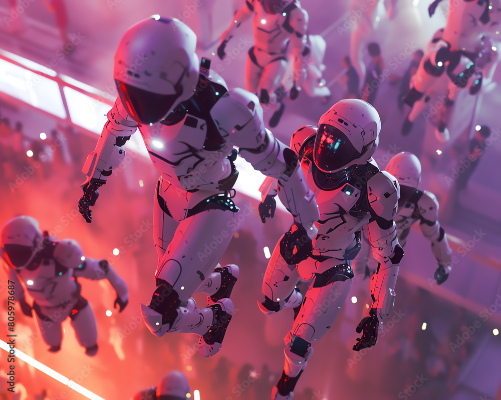 Aufkleber utilize unexpected camera angles to showcase the dynamic energy of a robotic dance party from above 