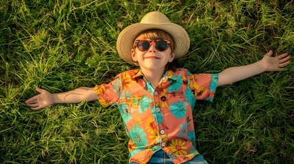 A young boy wearing sunglasses, a straw hat, and colorful clothing sits on the grass
