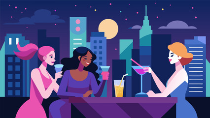 At a rooftop bar a soft girl enjoying a fruity mocktail with her friends the neon lights and skyscrs of the city creating an enchanting backdrop for.