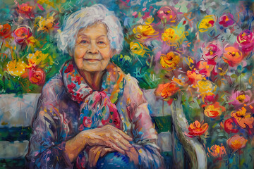 peinture impressionniste d'une femme âgée de 90 ans assise dans un jardin coloré