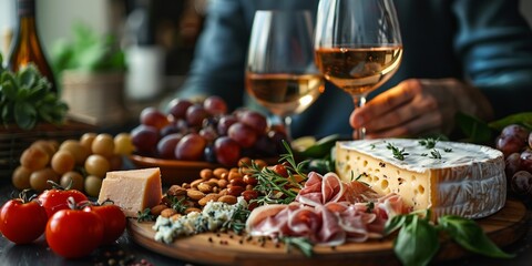 A wooden board filled with delicious cheese, wine and a variety of snacks.