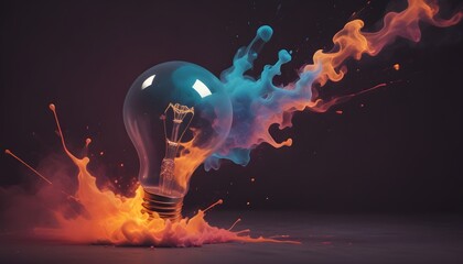 Inspired vision backgrounds: A light bulb shatters with colorful paint splashes and smoke.