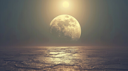 A large moon is floating above a calm body of water