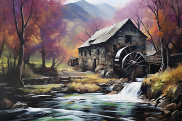 calming mountain watermill. abstract landscape art, painting background, wallpaper