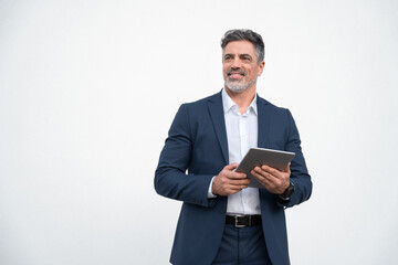 Portrait successful mature adult professional business man in formal suit holding device. Indian...