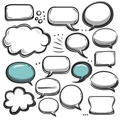 Collection speech bubbles, various shapes comic conversation elements. Dialogue balloons, communication message bubbles cartoon design. Chat icons, speak clouds cartoon graphic isolated white
