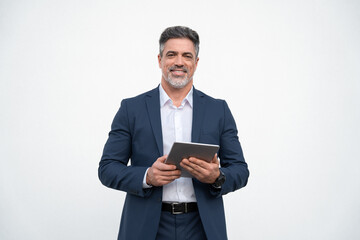 Portrait successful mature adult professional business man in formal suit holding device. Indian...