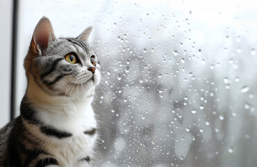 窓ガラス越しに梅雨の雨空を見つめるかわいいアメリカンショートヘアー
