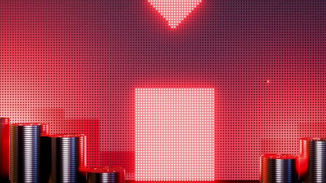 A 3D animation of red arrows pointing down on an LED screen, with a stack of coins in front of it