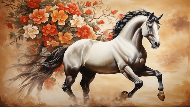 A painting of a white horse with flowers in the background
