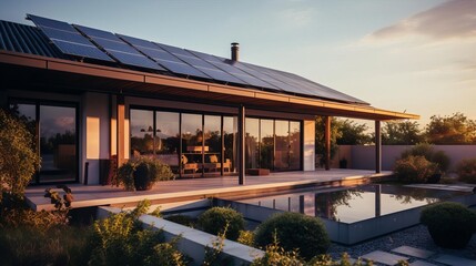 Obraz premium Design a modern house with a pool and solar panels on the roof. The house should be surrounded by greenery and have a large glass window.