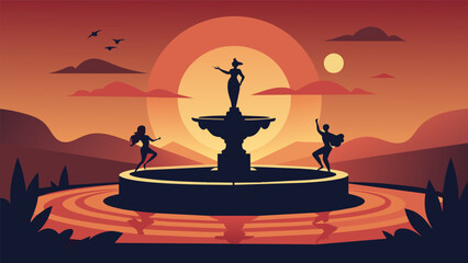 Shadows dance on the fountains surface as the sun sets a reminder of the everchanging nature of life and the stoic acceptance of this fact.. Vector illustration