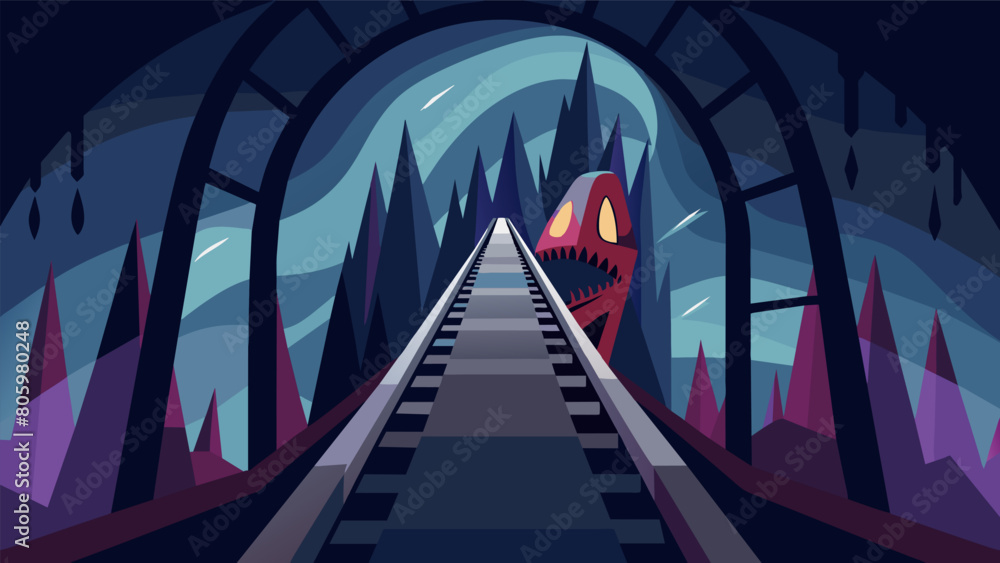 Poster the rollercoaster barrels through a dark tunnel with menacing graffiti splattered along the walls ad