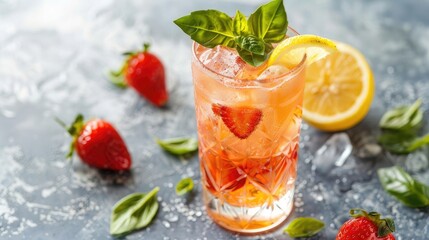 A vibrant strawberry basil lemonade, with muddled strawberries and basil leaves, fresh lemon juice, and soda water, served over ice in a tall glass with a strawberry slice and basil sprig for garnish,