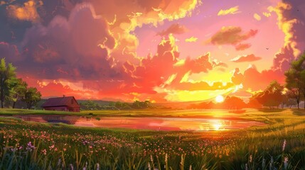 A vibrant sunset casting a warm glow over a tranquil countryside, a painting come to life in the evening sky.